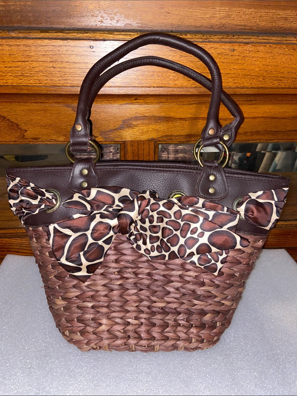 EUC Braciano Brown Woven Tote with Leopard Bow Accent Handbag